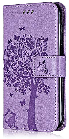 Conber Hülle für Huawei P Smart 2018 / Huawei Enjoy 7S, PU Leder Tasche Flip Case Lederhülle Handyhülle, Vintage Katze und Baum Schutzhülle für Huawei P Smart 2018 / Huawei Enjoy 7S - Lavendel