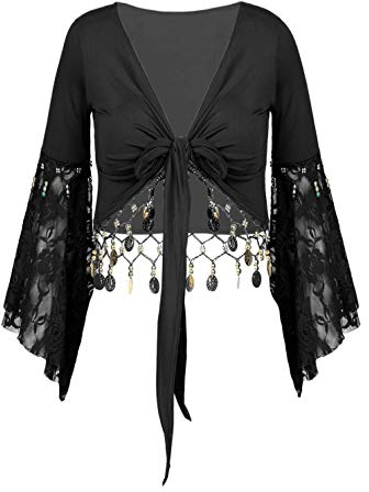iiniim Damen Bolero Kurz Jacke Bauchtanz Kostüm Schulterjacke Langarm Cardigan Tops Shrug Latein Tanz Ballettjacke Sport Oberteile Schwarz L