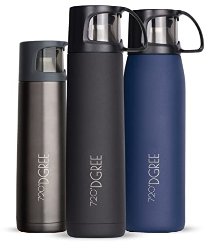 720°DGREE Thermoskanne mit Becher 450ml “Follow” - 3 Größen, 12h Heiß, 24h Kalt, Auslaufsicher, BPA-Frei - Edelstahl Thermosflasche, Isolierflasche - Perfekt für Arbeit, Kinder, Schule, Baby