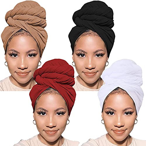 Xtrend 4 Stück Stretch-Jersey-Turban-Kopfwickel, gestrickt, Kopfbandagen, städtisches Haar, einfarbig, atmungsaktiv, ultraweich, extra lang, für Damen (Kamel, Weinrot, Schwarz, Weiß)