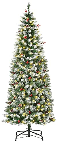 HOMCOM Künstlicher Weihnachtsbaum 180 cm Tannenbaum künstlich mit LED Beleuchtung, Schnee, 618 Spitzen Christbaum Weihnachtsdeko inkl. Stahlständer für drinnen