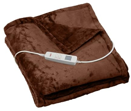 Grafner elektrische Wärmedecke 180 x 130 cm aus kuscheligem Flanell Plüsch, braun, LCD-Display, 10 Temperaturstufen, 10 Stunden Timer, Schnellaufheizung, Überhitzungsschutz, waschbar Kuscheldecke