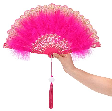 Duories Feder Handfächer,mit Quastenanhänger,Faltfächer Klappfächer Vintage Spanische Viktorianischen Damen Fächer Tanzen Hand Fan für Hochzeit Geschenk Sommer Feste Party Fasching Kostüm,Rose