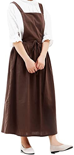 Achsoo Baumwolle Leinen Schürzen Einfarbig Japanischer Stil Kreuz Zurück Schürze mit Tasche Retro Literatur Kunst Blumenladen Kleidung für Damen Herren Küche Kochschürzen (Braun-B)