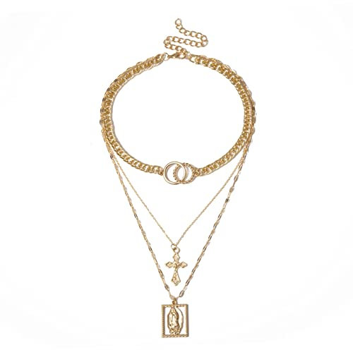 Collier Femme Plaqué Or Multirang Double Anneau avec Croix Jésus, Collier 3 Rangs Fantaisie