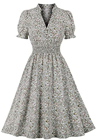Wellwits Women's Collared V Neck Shirred Ditsy Floral Vintage Dress Light Green M