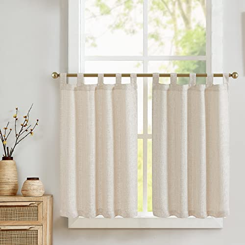 TOPICK Scheibengardinen Küche Beige Bistrogardine mit Schlaufen Modern Gardinen Kurz Halbtransparente Leinenoptik Küchengardinen für Kleine Fenster Wohnmobil Küchenfenster 2er Set 70Bx60H cm