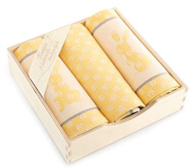 ZWOLTEX Küchentücher 3er Set & Holzbox | Perfektes Oster Set als Geschenk | Hochwertiges Design für Ihre Küche | Klassische Baumwolle - (Sammlungen OSTERN) - Gelb (3x 50x70) - Holzkiste
