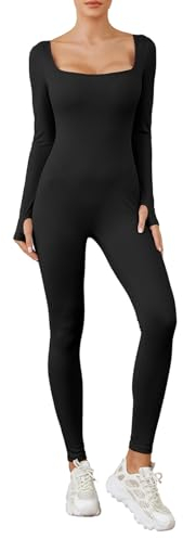 Geagodelia Jumpsuit Damen Sommer Lang Curvy Sexy Overall Langarm Eng Stretch Einteiler Outfit für Halloween Kostüm (Schwarz, S)