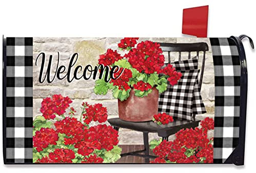 FBCOO Welcome Spring Geranie Blumen-Briefkasten-Abdeckung, magnetisch, Standardgröße, 53.3x48.3 cm, rotes Blumenmuster, kariert, Briefkasten, Dekoration, Sommer, Bauernhaus, Hof, Outdoor-Dekoration