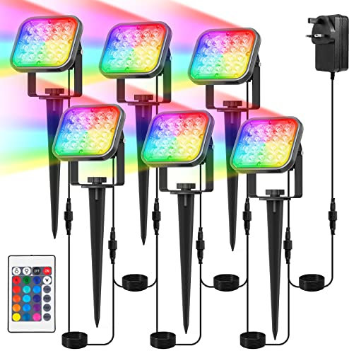 T-SUN 6-in-1 Garden Spot Lights Mains Powered,12V 24W RGB LED Garden Spike Lights with Remote & App Control,IP65 Waterproof Outdoor Spotlight,39.36FT Cable Landscape Spot Lights for Lawn Yard Pathway