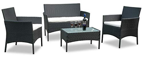 Joparri Polyrattan Sitzgruppe, Balkonmöbel, 7-teilige Gartenmöbel Set inkl. Sofa, Singlestühle, Tisch und Sitzkissen, Terrassenmöbel für Balkon, Garten (Schwarz)