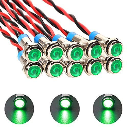 Gebildet 10Stück 6mm 1/4 AC/DC 12-24V LED Metall Kontrollleuchte wasserdichte Signallampe Pilot Dash Directional mit Kabel(Grün)