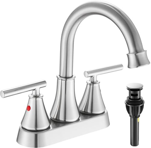 Bathroom Sink Faucet 4 Inch 2 Handle Centerset Brushed Nickel Lead-Free Modern Bathroom Faucet Vanity Faucet with Pop-up Drain Stopper and Supply Hoses