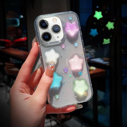 VALRION Kompatibel mit iPhone 14 Pro, leuchtende Hülle, 3D-Sterne, transparente Hülle, leuchtet im Dunkeln, nachtleuchtend, glitzernd, für Frauen, Mädchen, weich, schlank, TPU, stoßfest, beleuchtete