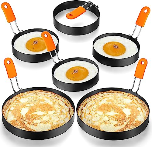 Patelai 6 Pcs Professional Egg Ring Pancake Ring Set Stainless Steel Fried Egg Molds Griddle Pancake Shapers with Orange Silicone Handle for Breakfast Omelette Sandwich(4, 6 Inch)