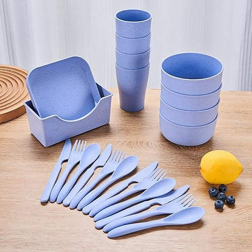 OriGlam Set di piatti e ciotole da 25 pezzi, in plastica, per picnic, feste, campeggio, piatti, tazze, ciotole, posate, adatto al microonde (blu)