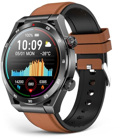EarlySincere Smartwatch Uomo Donna, Orologio Fitness con Pressione Sanguigna/Sonno, Smartwatch da 1,39, Impermeabile IP67 per Android iOS Pelle Marrone