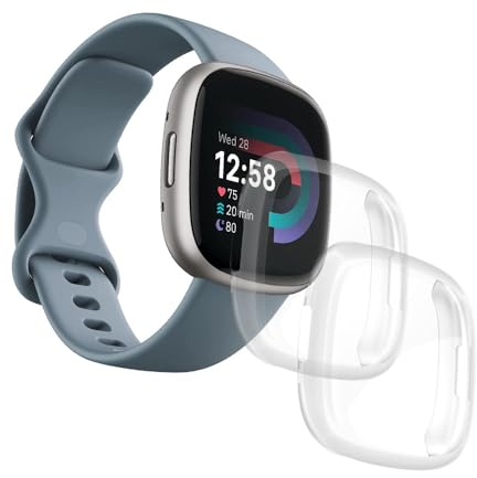 [2 Stück] Schutzhülle für Fitbit Versa 4 / Sense 2, Displayschutzfolie, vollständige Abdeckung, schützender Stoßfänger, weiches TPU, Zubehör – [klar + transparent]