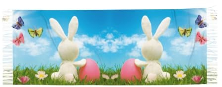 LAMAME Magischer blauer Fuchs bedruckter Schal mit Fransen Kaschmir-Sinn-Schal großer Schal, Osterhase mit Eiern und Frühlingsschmetterling, One size