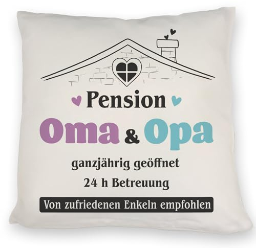 Pension Oma & Opa Kissen mit Spruch Von zufriedenen Enkeln empfohlen EIN DekoKissen für die Großeltern Motiv KuschelKissen Enkel Herzen Bettwäsche liebevollem Kissen bezug