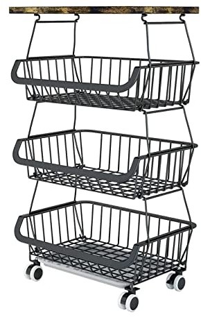 HUOLE 3 Niveles Fruteros de Cocina con Ruedas, Cesta de Almacenamiento de Metal con Patas Antideslizantes, para Almacenamiento de Frutas y Verduras-40 * 30 * 72cm (Negro)