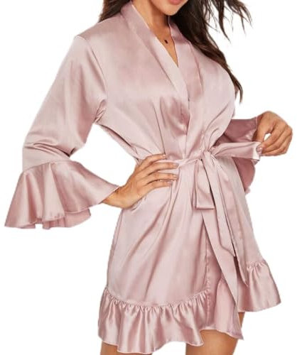 Peignoir en satin court pour femme : peignoir femme court fin chemise de nuit rose peignoir de sauna avec taille chemise de nuit en soie manches pétales costume de maison léger vêtement de détente