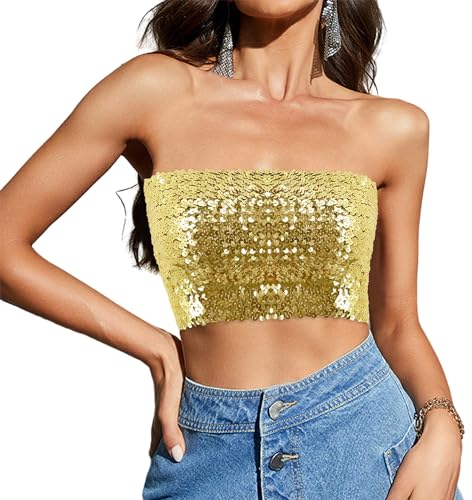 Segreto Damen Glitzer Pailletten Tube Top Sexy Ärmellos Vintage Bandeau Top Meerjungfrauen Trägerlos Crop Top Gold