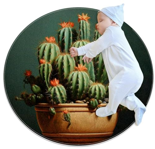 VAPOKF Kleine Teppiche, Badezimmerteppich, Kaktus, Topfpflanze, rutschfester Überwurfteppich, Fußmatte, für Sofa, Schlafzimmer, Kinderzimmer, Dekoration, rund, 1 m Durchmesser