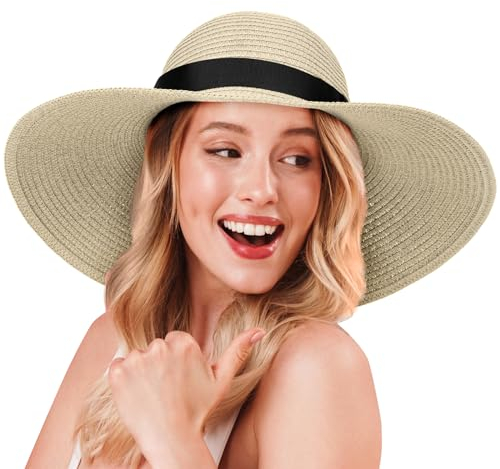 flintronic Chapeau de Paille Solaire pour Femme, Femmes Chapeaux de Soleil UPF 50+, Chapeau de Plage à Large Bord, Pliable Roll-Up Floppy