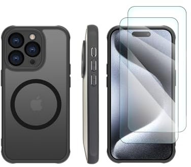 welangle Magnetic Case for iPhone 15 Pro Max with 2 Screen Protectors&1 Installation Framework,Ultra Slim Translucent Frosted Black 15ProMax Case, compatible with MagSafe (for iPhone 15 Pro Max)