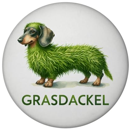 Grasdackel schwäbischer Dialekt Magnet rund Witziger Dialekt-Kühlschrankmagnet aus Baden-Württemberg Lustiger Schwaben-Hund mit Grasfell für BW-Fans