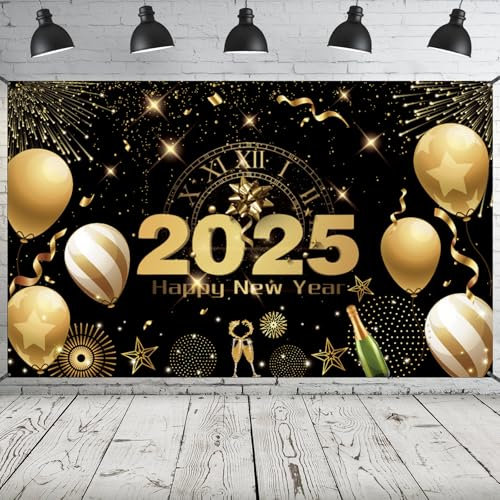 Silvester Banner Deko 2025, 72 x 44 Zoll Happy New Year's Eve Backdrop für Dekorationen, Extra Große Schwarz Gold Stoff Feuerwerk Champagner Foto Booth Hintergrund für Party Zubehör
