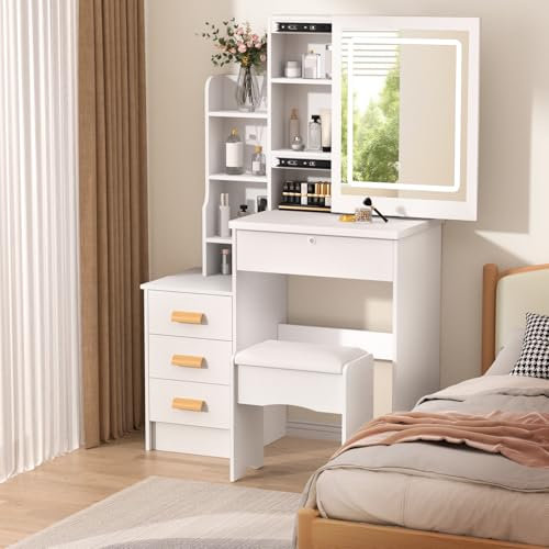 mufojyez Vanity Desk Set Makeup Table with Large Sliding Lighted Mirror, Bedroom Dressing Table, Small Vanity with 4 Storage Drawers and Cushioned Stool, Makeup Table Set with Mirror