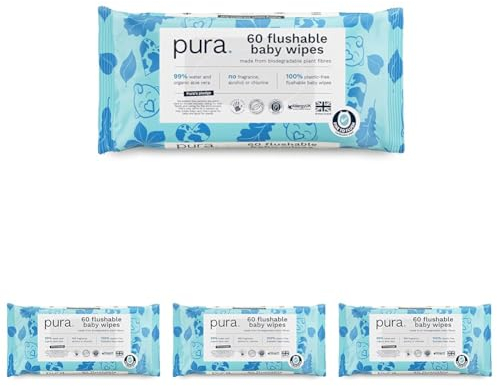 Pura Spülbare Öko-Baby-Feuchttücher für Empfindliche Babyhaut, 70 Tücher (1 Packung), 99% Wasser, 100% Plastikfrei, für Sensible, zu Ekzemen neigende Haut, Neugeborene, Biologisch Abbaubar, Vegan