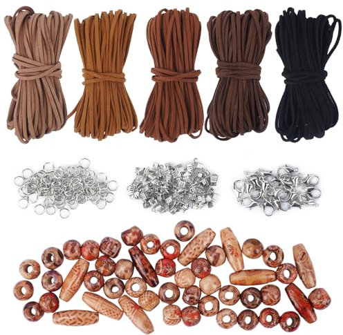 Luabue 5 Pièces Cordons en Cuir 10m x 2.6mm Cordon en Daim Synthétique Cordon en Cuir avec Accessoires et Perles en Bois Ficelle Cuir pour Collier Bricolage Bracelet Artisanat (5 Couleurs)