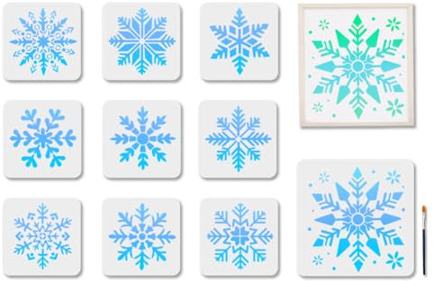 MAYJOYDIY 10 Stil Schneeflocken Schablonen Weihnachts Schneeflocken Schablone 20×20/30×30cm Winter Thema Wiederverwendbare Schablone Mit Pinsel Zum Basteln Auf Fenster Holz Wand Heimdekoration