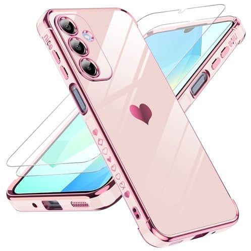 LeYi Funda para Samsung Galaxy A16/A 16 4G/5G, Silicona Carcasa con 2pcs Cristal Templado, Corazón Amor Mujer Estuche Protector Galvanizado Suave TPU Bumper Resistente Antigolpes Móvil Case, Rosa