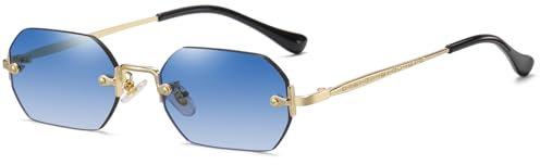 RUNHUIS Retro Randlose Rechteckige Sonnenbrille für Damen Herren Vintage Hexagon getönte Gläser (Gold/Dunkelblau Farbverlauf)
