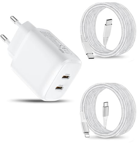 25W Caricatore USB C con Cavo per Apple iPad Pro 12.9 11 10.2 9.7,i-Pad Air 2 3 4 5,iPad 2020 2021 2022 2024,Pad Mini 3/4/5/6,iPhone 15 16 14 13 Pro Max,MacBook Pro,2-Port Caricabatterie Spina Rapido