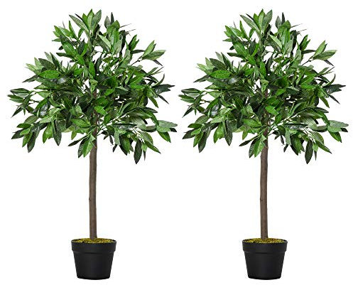 Outsunny 2er-Set Künstlicher Lorbeerbaum, 90 cm Kunstpflanzen im Zementtopf, Zimmerpflanze, künstliche Pflanzen für Indoor, Outdoor, Dekopflanzen, Grün
