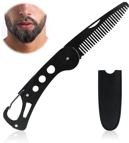 Faltbarer Schnurrbartkamm, Bartkamm für Herren mit Tragetasche, Edelstahl-Taschenkamm für Männer und Frauen, Haarkämme für Reisen, Haare, Bartpflege, kleiner Kamm, tragbares Bartgeschenk