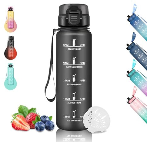Gourde- 1l- Gourde Sport, Anti-Fuite, Gourde Graduée pour Running, Gourde Motivation avec Marqueur de Temps, Bouteille Horaire pour adulte, Facile à Nettoyer, pour Camping, Randonnée, Voyage, Noir