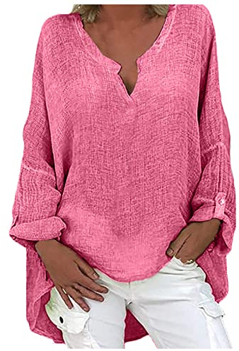 AEGJEGVD Chemisier Femme en Coton Lin Chic et élégant Baggy Chemise à Manche Longue Décontracté Blouse Ample Printemps Eté Tunique Femme Longue Col V Oversize Top Haut Lâche Respirant Chemise Soldes