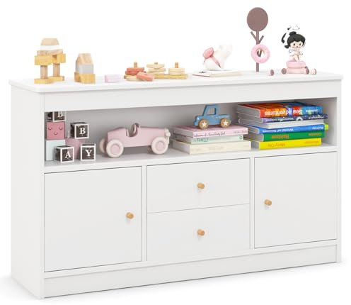 DREAMADE Kinderregal, Spielzeugschrank mit 2 Schubladen, Kinder Aufbewahrung Spielzeug Organizer mit 2 Regalen mit Türen, 106x30x62cm, Kinderzimmer/Wohnzimmer/Kindergarten (Weiß,Doppeltür)