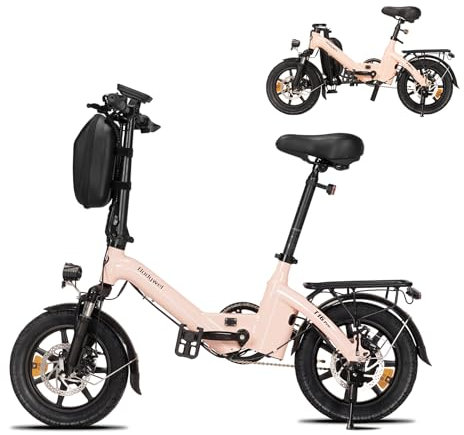 Bodywel T16PRO Bicicleta Eléctrica Plegable, 14 Mini E-Bike, 4.5 Pulgadas Pantalla LED, Batería 36V/7.8Ah, Frenos de Doble Disco y Suspensión Delantera (Rosa+Portaequipajes Trasero)