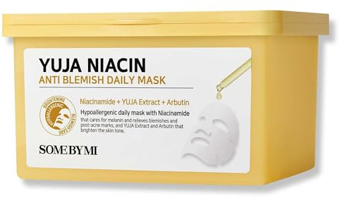 SOME BY MI Yuja Niacin Anti Blemish Daily Mask - 30 fogli da 11,8oz - Maschera viso giornaliera con niacinamide contro macchie scure - Soluzione sbiancante e radiante per la pelle pigra - Pepl coreana