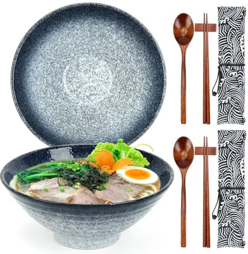 2 Set Ceramic Ramen Bowl - Japanese Noodle Bowls with Chopsticks & Spoons for Soup Ramen Pasta Fruit Salad Rice Food - 1050 ML, Microwave Safe, 20CM - Housewarming Gifts for New Home (Ocean Mist)
