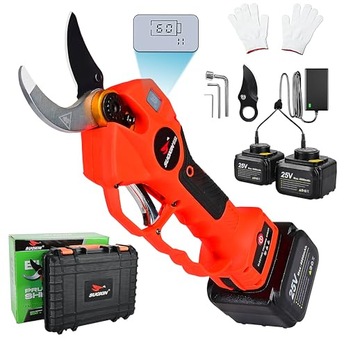 Forbici Elettriche da Potatura a Batteria 25V con Display LCD, Suoxin Potatrice con Lama SK5 Ø40mm (1,6”), 2 Batterie da 4.0Ah, Strumento da Giardino Professionale