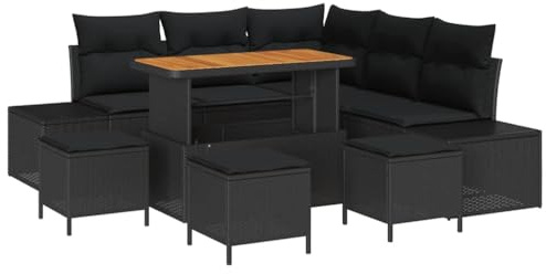 vidaXL Garten-Sofa-Set mit Kissen 9 pcs Schwarz Poly Rattan, Garten- und Terrassen-Ecke, modular, Robustes Sofa-Set, höhenverstellbar, Moderne Lounge, Balkonmöbel